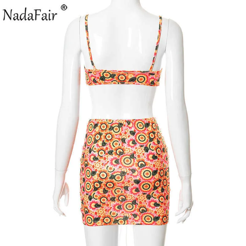 Nadafair Floral Mini Dress Sets Women Chic Multi Two Piece Set Summer Dress Suit Ruched Backless Sexy Bodycon Beach Dress Y1006