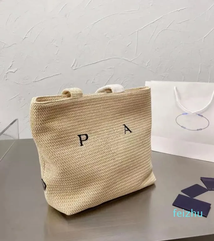 2021 P Сумка для покупок абрикосовая модельер Сумка соломенная тканая сумка Высококачественная бренда.