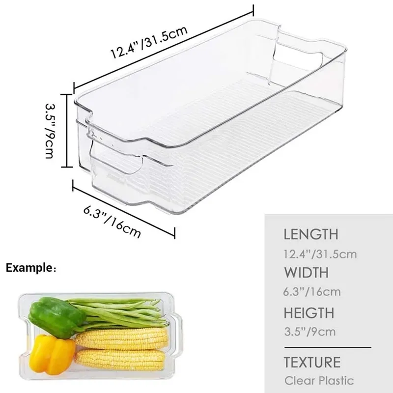 Contenitori impilabili in plastica Organizer frigorifero Dispensa trasparente Organizzazione alimentare Maniglia cucina Freezer Rack Cabinet Tools 210309