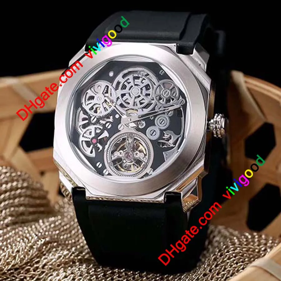 Moda 4 styl Octo Finissimo Tourbillon 102719 Szkieletowy automatyczny męski zegarek Rose Gume Guma Pasek Wysokiej jakości Nowy Watche268a