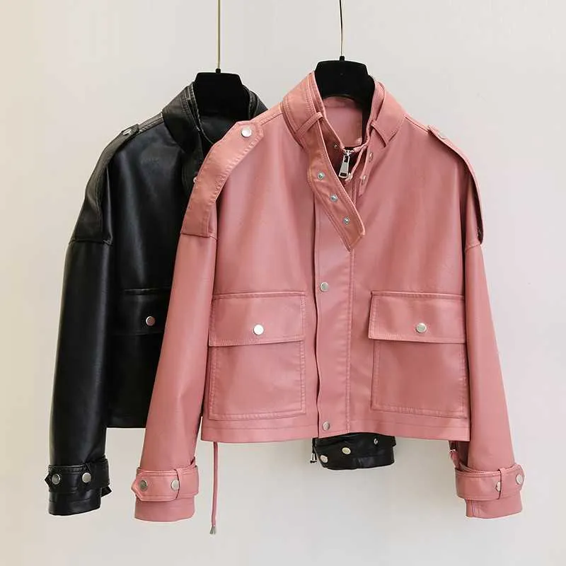 Ailegogo Autumn Women Streetwear Pink Pu Faux Soft Leather Jacket Casual Female Motorcycle Biker Zipper Big Pocket Coat 210909