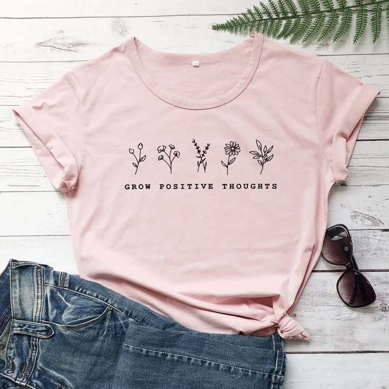 100% Cotton T Shirt Grow Positive Thoughts Letter Wildflowers Print Women Short Sleeve O Neck Loose Tshirt Summer Tee Shirt Tops T200614