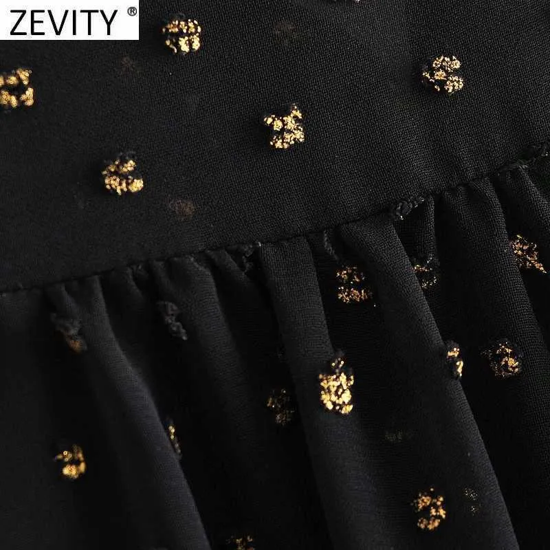 Zevity Mujeres Moda Metal Puntos Costura Camisa de gasa negra Damas Puff Manga Pliegues Blusa Roupas Chic Femininas Tops LS9040 210603
