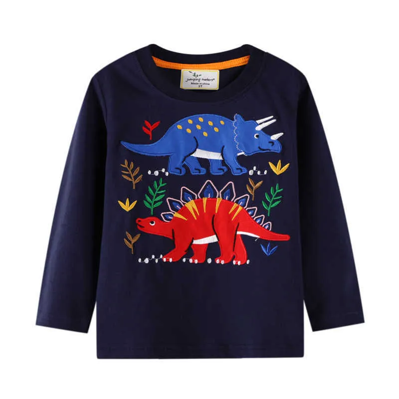 Salto Metri Manica lunga Dinosauri T-shirt bambino Autunno Primavera Vestiti Cotone Striscia Animali Applique Ragazzi Ragazze Top Tees 210529