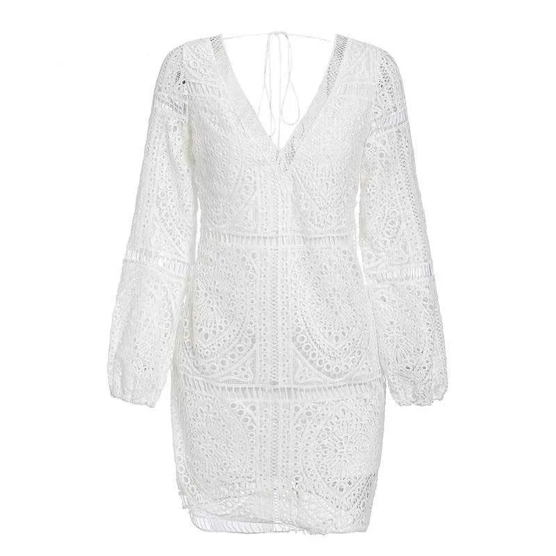 AYUALIN sexy dos nu plage nager coverup robes d'été robe en dentelle blanche femmes tunique robe vintage col en v boho vestidos grande taille 210303