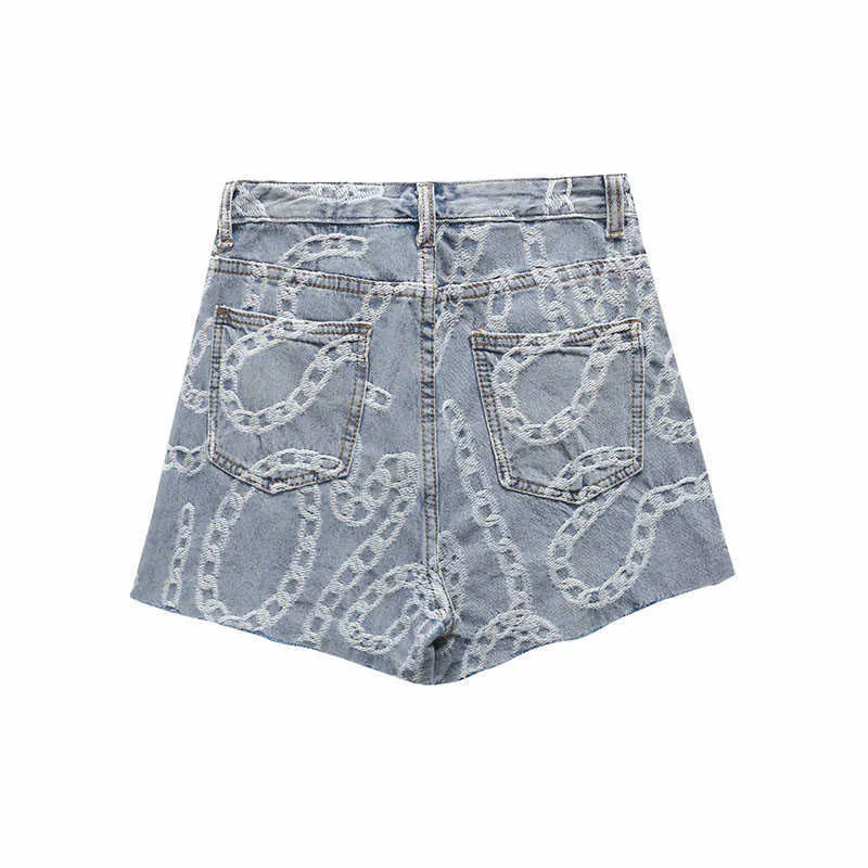 [Deat] Kvinnor Sommar Mode Hög Midja Solid Färgkedja Jacquard Personlighet Chic Denim Shorts 13Q441 210527