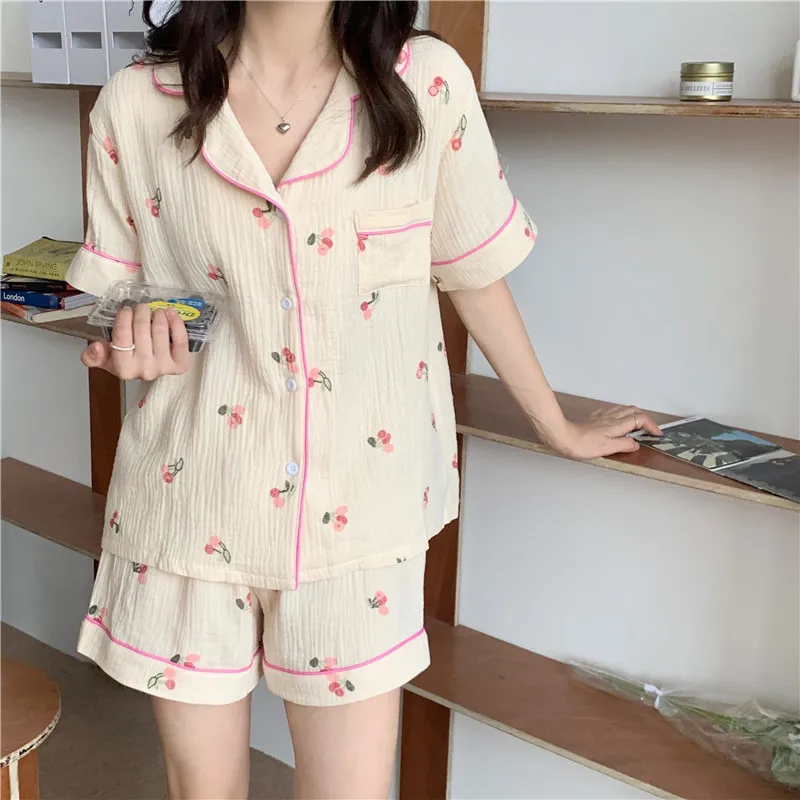 Summer Short All Match Pajamas Sweet Cardigans Floral Printing Chic Casual Homewear Loose Two Piece Suit Sets 210525