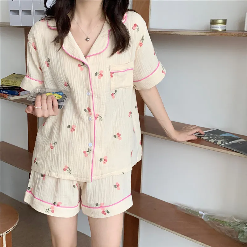 Summer Short All Match Pyjamas Sweet Cardigans Floral Impression Chic Casual Homewear Lâche Deux Pièces Costume Ensembles 210525