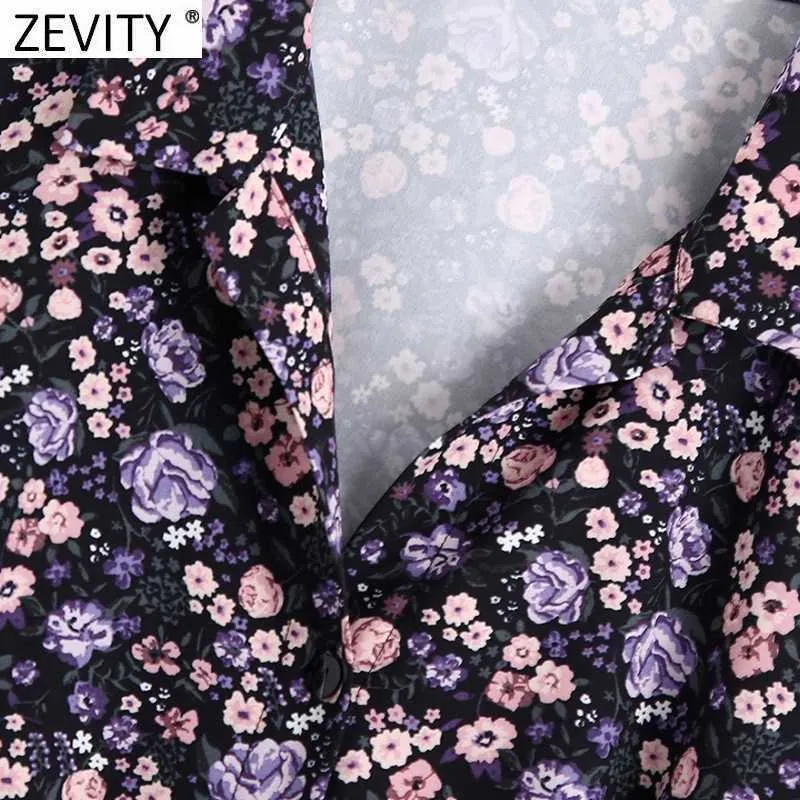 Zevity女性ヴィンテージ紫色の花柄プリントビジネスシャツのドレスオフィスレディVネック弓縛られたサッシカジュアルミニVestidos DS4813 210603