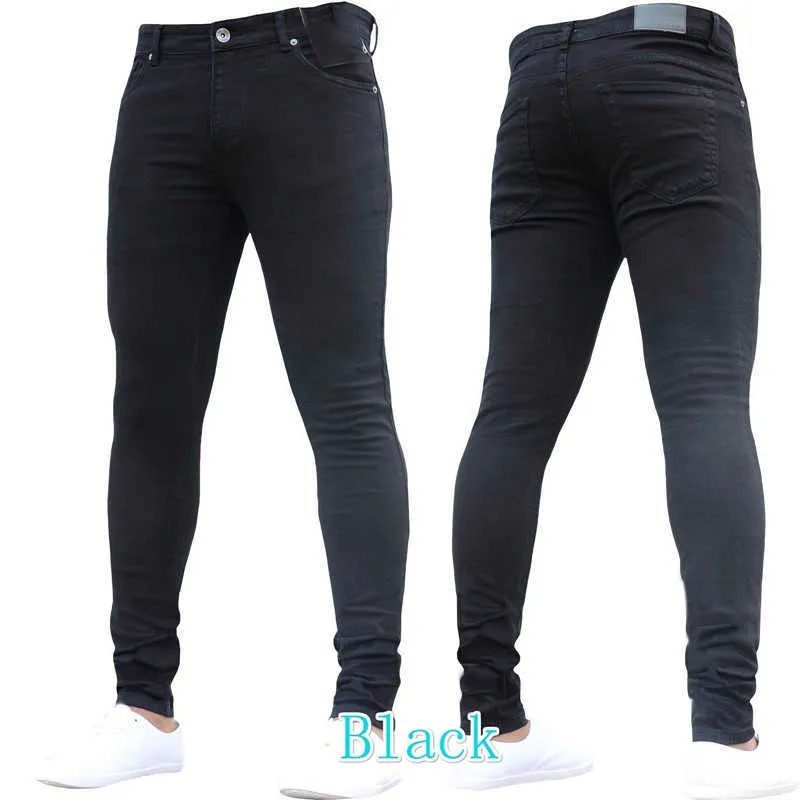 Streetwear Biker Elastic Waist Skinny Jeans Män 2021 Stretch Ripped Byxor Casual Hip Hop Denim Pencil Byxor Male Black Byxor X0621