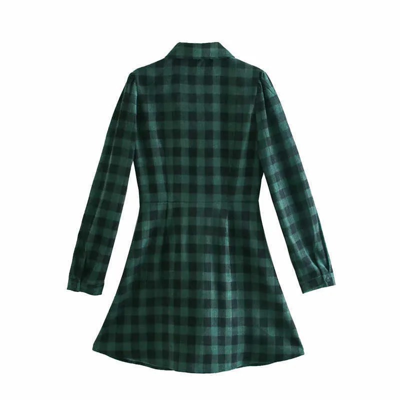 Za Green Corduroy Plaid Shirt Dress Women Long Sleeve Vintage Office Lady Short Dresses Woman Fashion Front Button Vestido 210602