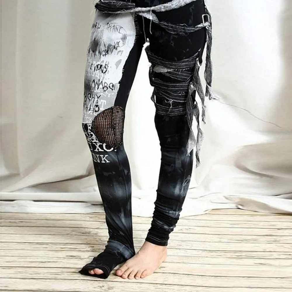 Gothic Pants Girls Vintage Mesh Lace Up Skinny Trousers Punk Style Women's Printed Pencil Pant High Street Ladies Leggins D30 T200606