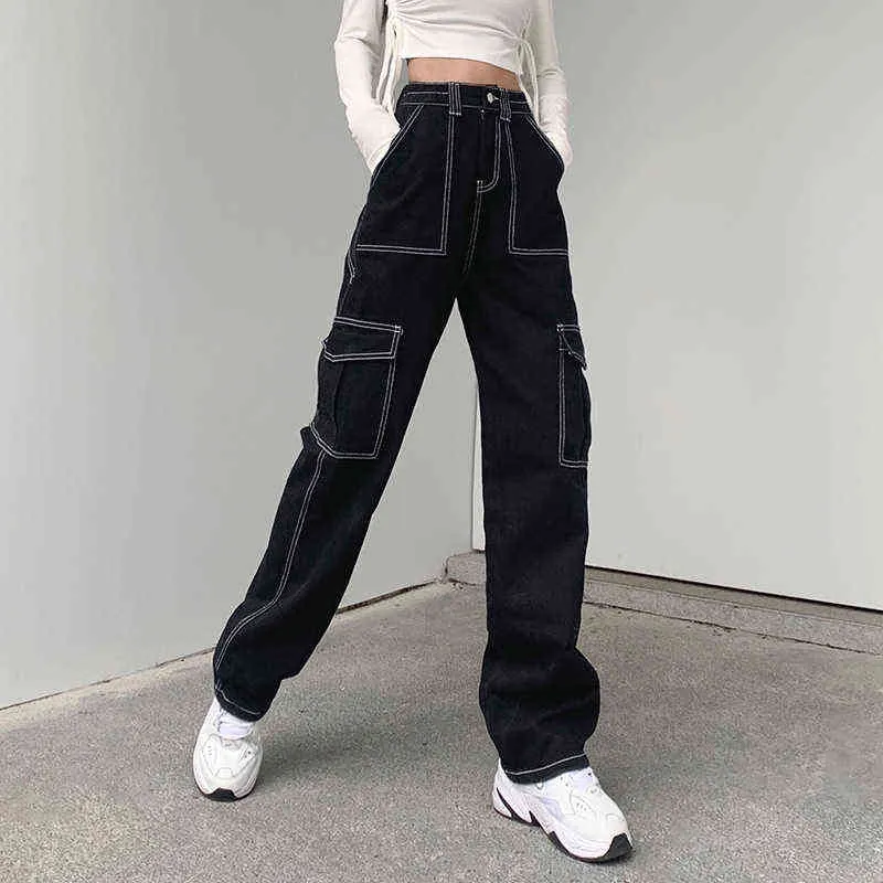 JMPRS Taschen Patchwork Frauen Baggy Jeans Mode Y2K Streetwear 100% Baumwolle Denim Hosen Lose Cargo Harajuku Schwarze Hose 211129
