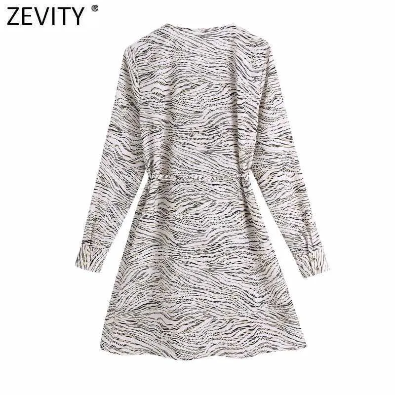 Zevidade Mulheres Cross V Neck Leopard Imprimir Lace Up Kimono Mini Dress Prairie Chic Manga Comprida Vestido Ruffles Drives DS4917 210603