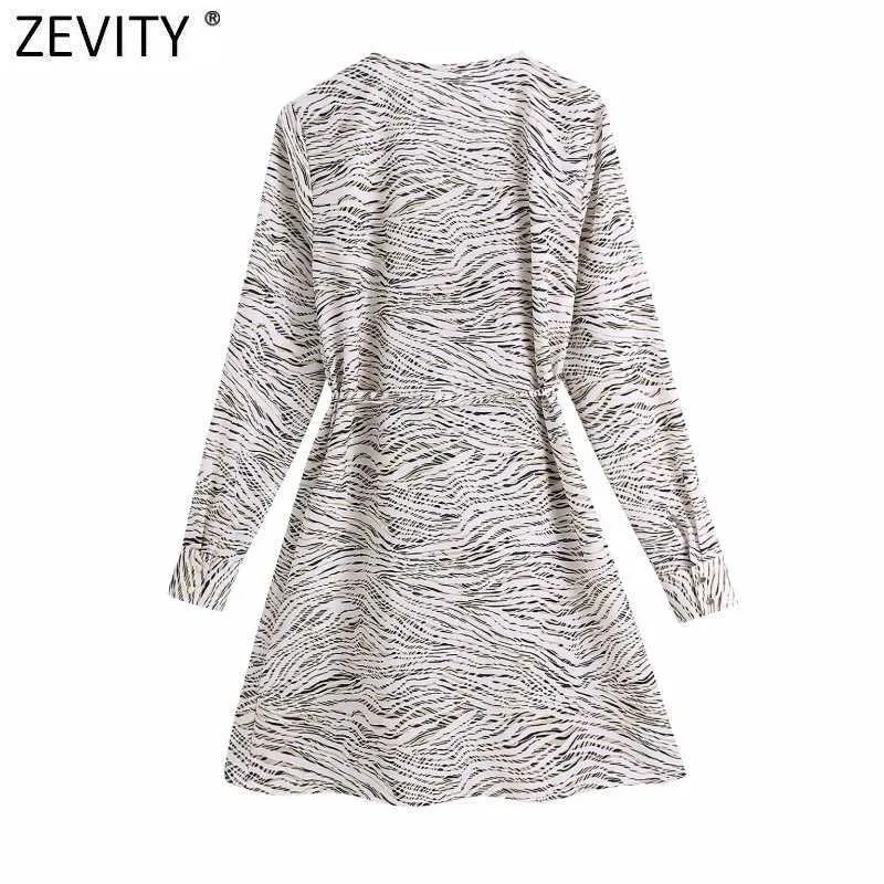 Zevity Women Cross V Neck Leopard Print Lace Up Kimono Mini Dress Prairie Chic Long Sleeve Vestido Ruffles Dress DS4917 210603