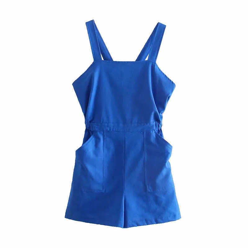 ZA Blue Linnen Korte Zomer Jumpsuit Vrouwen Mouwloze Backless Elastische Taille Sexy Playsuit Vrouwelijke Patch Zakken Playsuits 210602