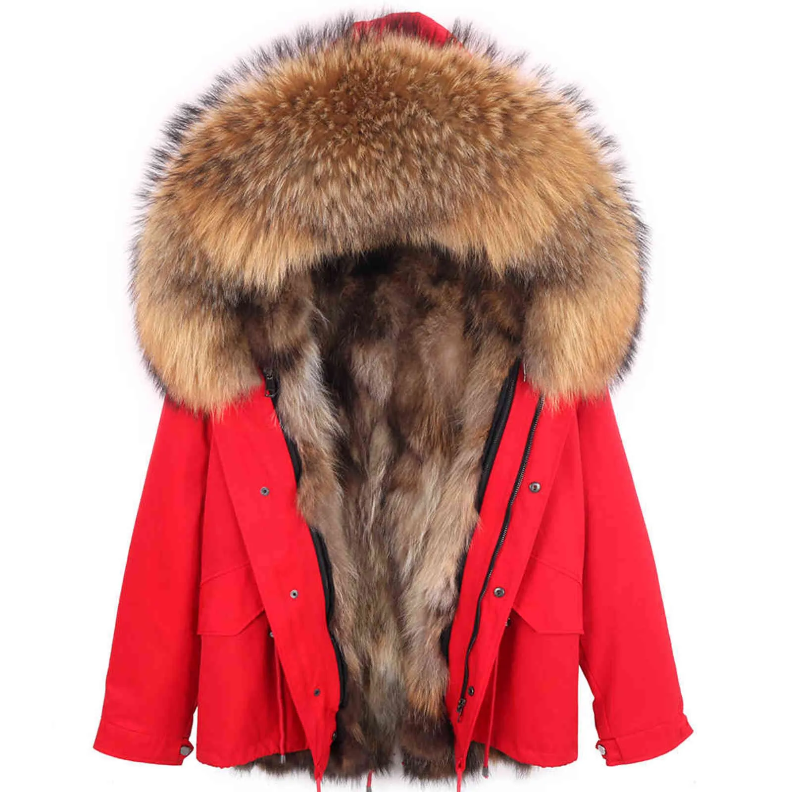 ロシアの自然な毛皮の裏地パーカーコート本物の毛皮のコート冬ジャケット女性天然アライグマの毛皮の襟暖かい厚いパーカー211122