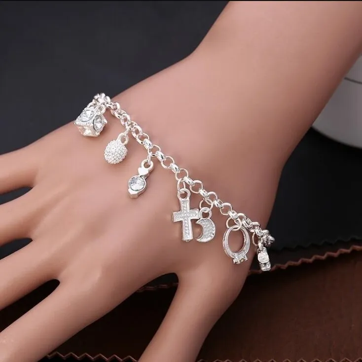 Modeschmuck 925 Sterling Silber Mond Liebe Kreuz Charm Kette Armbänder Charms für Männer oder Frauen Feines Geschenk245Q