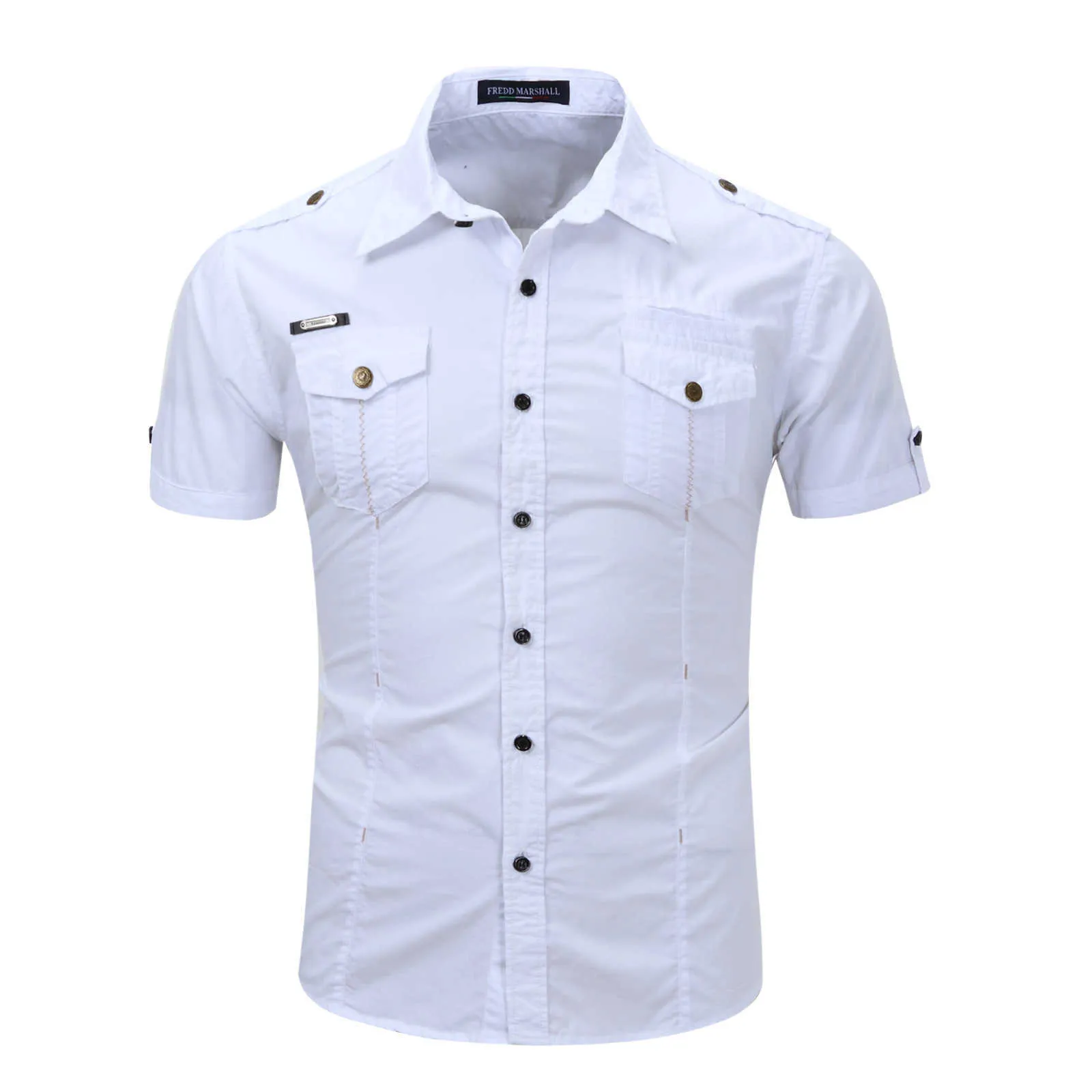 Men Military Uniform Short-sleeve Dress Cotton Shirts Work Casual Tops Male Button-down Patch Chest Pocket Lapel 210809
