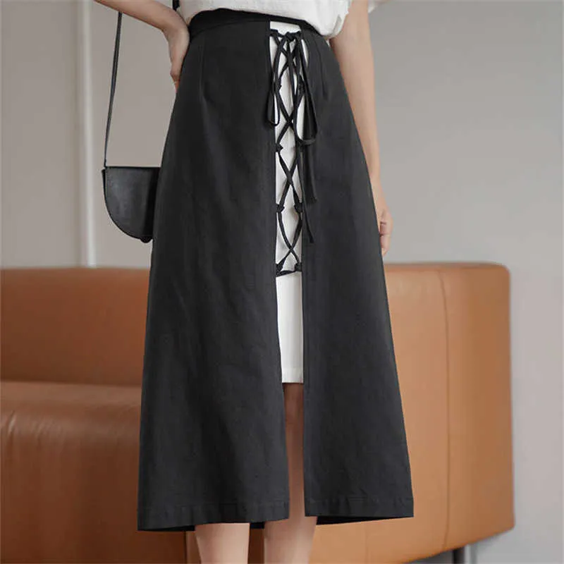 Fashion Lace Up Long Skirt Womens Summer High Waist Skirts Black White Patchwork Gothic Midi Streetwear Faldas Largas Mujer Etek 210619