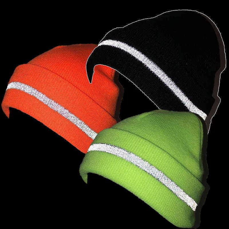 Весенние и зимние спортивные велосипедные светящиеся люминесцентные цветные полоса акриловые двухслойные вязаные детские отражающие шляпа Y21111