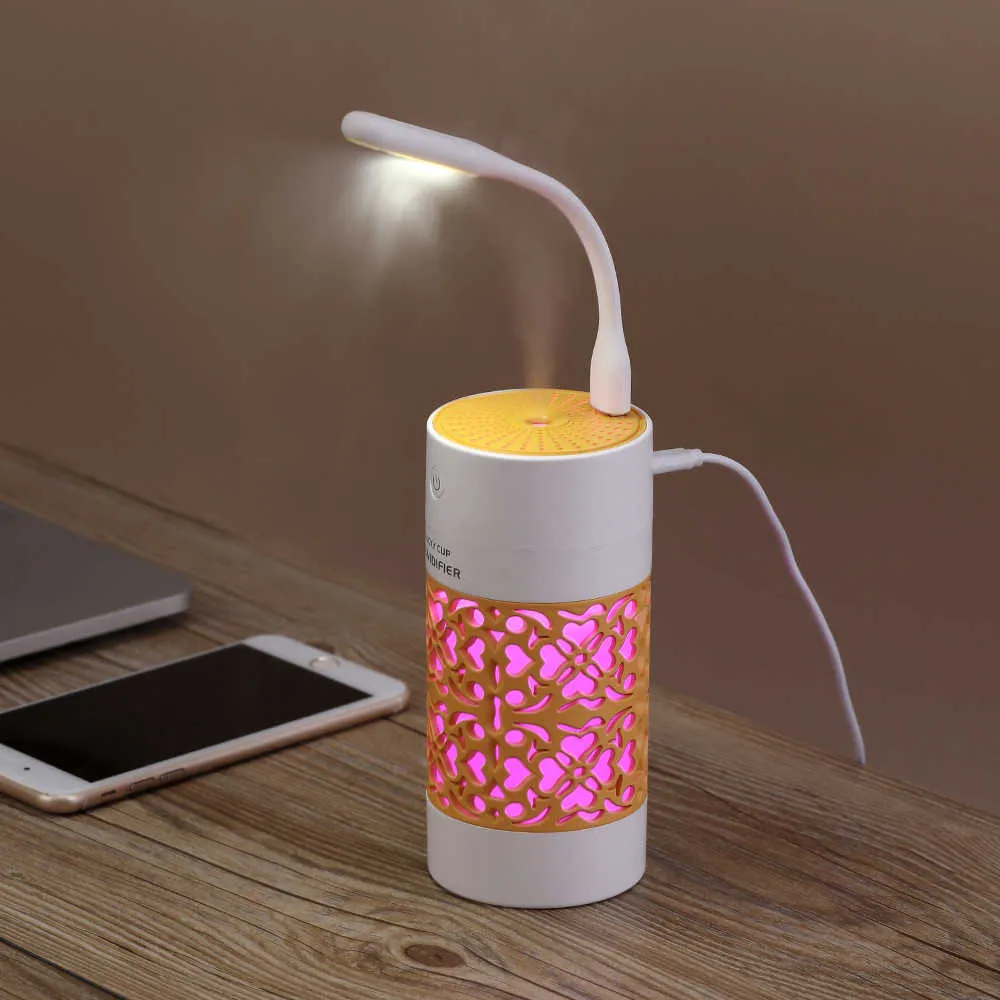 3 i 1 Lucky Cup luftfuktare USB Ultraljud Aroma diffusor Mini Essential Oljelampa med LED-ljusfläkt Bil Air Freshener Carton 210724