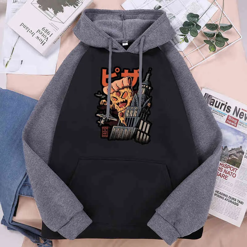 Bina üzerinde Pizza Canavar ayakta Baskı erkek Hoodie Rahat Rahat Sıcak Raglan Erkek Hoodies Büyük Boy Yumuşak Hoody H1218 Tops