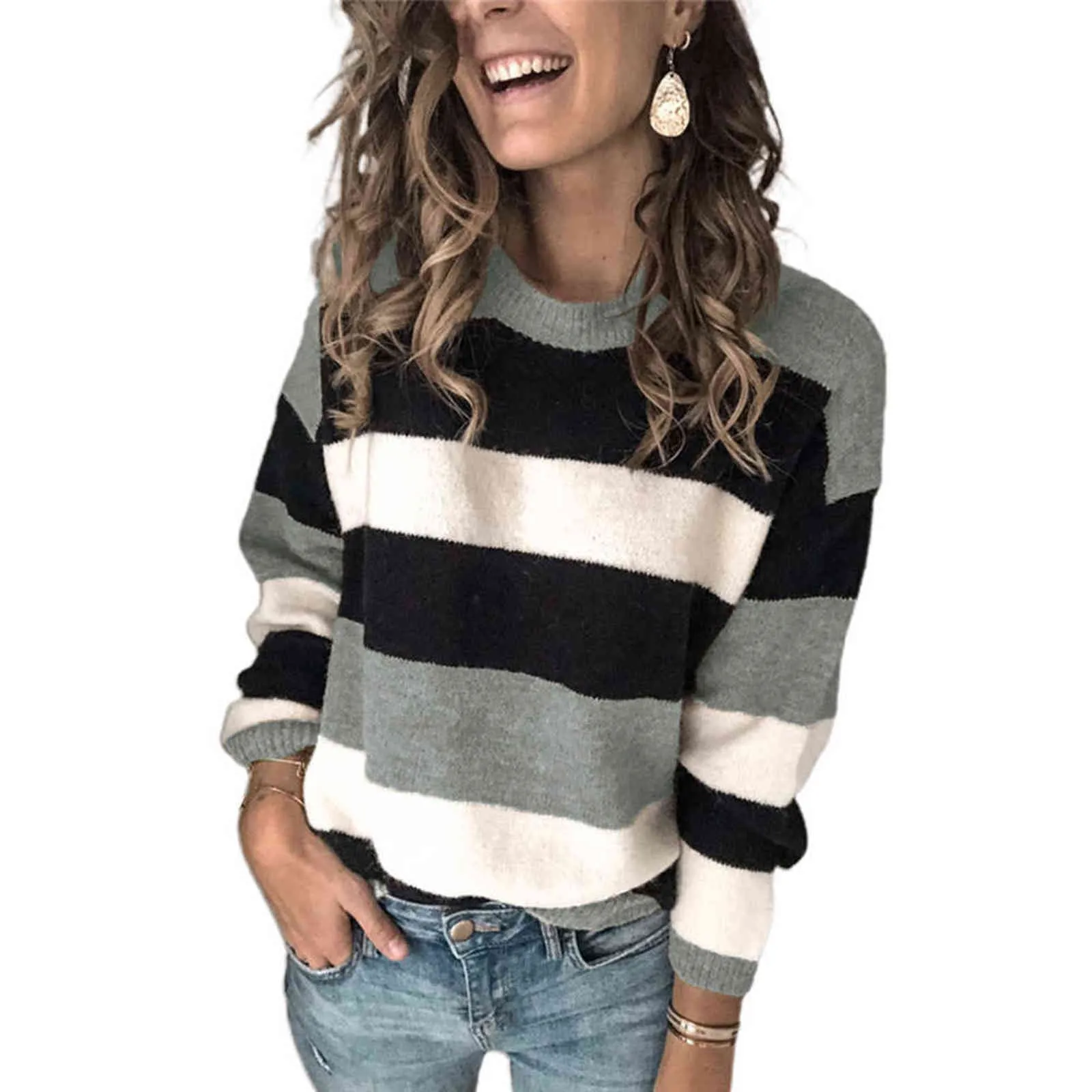 Suéter de punto suelto para mujer, Jersey informal de manga larga con cuello redondo, bloque de Color, talla grande, otoño e invierno, Y1110