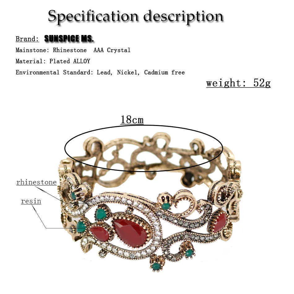 Sunspice-MS Turkse bloem vintage armband voor vrouwen antieke goud multicolor hars etnische bruiloft manchet armband bruids sieraden Q0719