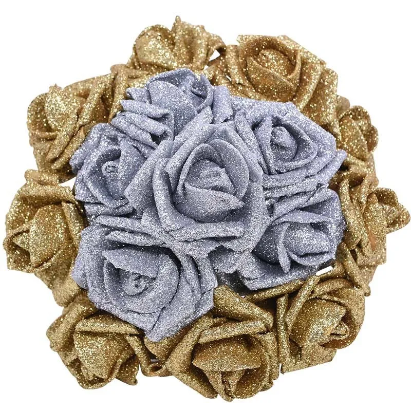 6cm de haute qualité or argent brillant paillettes mousse rose bouquet de fleurs artificielles maison de noël décoration de fête de mariage Y201020