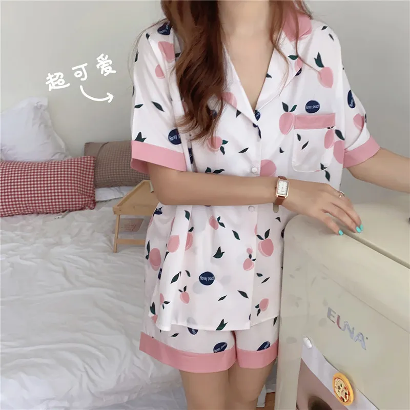 Venda Moda Impresso Verão Bonito Casual Mangas Soltas Soltas Todas as Mulheres Homewear Mulheres de Algodão Pijamas Sets 210525