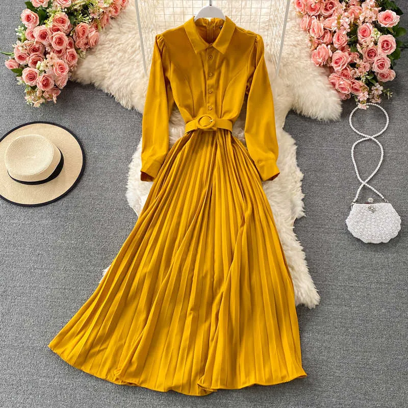 Frühling Herbst Vintage Gelb/Lila Einreiher Gefaltetes Langes Kleid Frauen Elegante Drehen-unten Kragen Langarm Vestidos 2021 Y0603