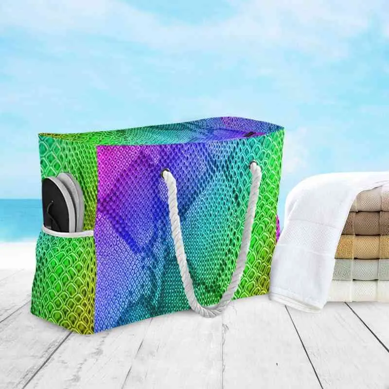 Shopping Bags Carry Bag For Travel Beach Shopping Rope Handle Women Reusable Cute Bags For Girls Rainbow Snake Skin Print Colorful2787