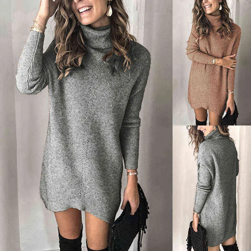 Autumn 2021 Pure Color Women Knitted Dress Casual Fashion New Knitwear Two Lapel Hollow Out Soft Warm Pullover Dress Sweater Fem G1214