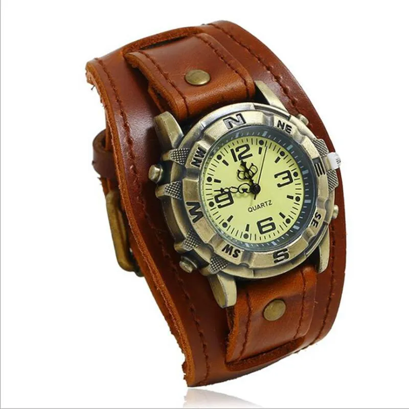 Relógios de pulso vintage retro grande grande pulseira de couro genuíno relógio homens punk quartzo manguito pulseira pulseira relogio masculino233j