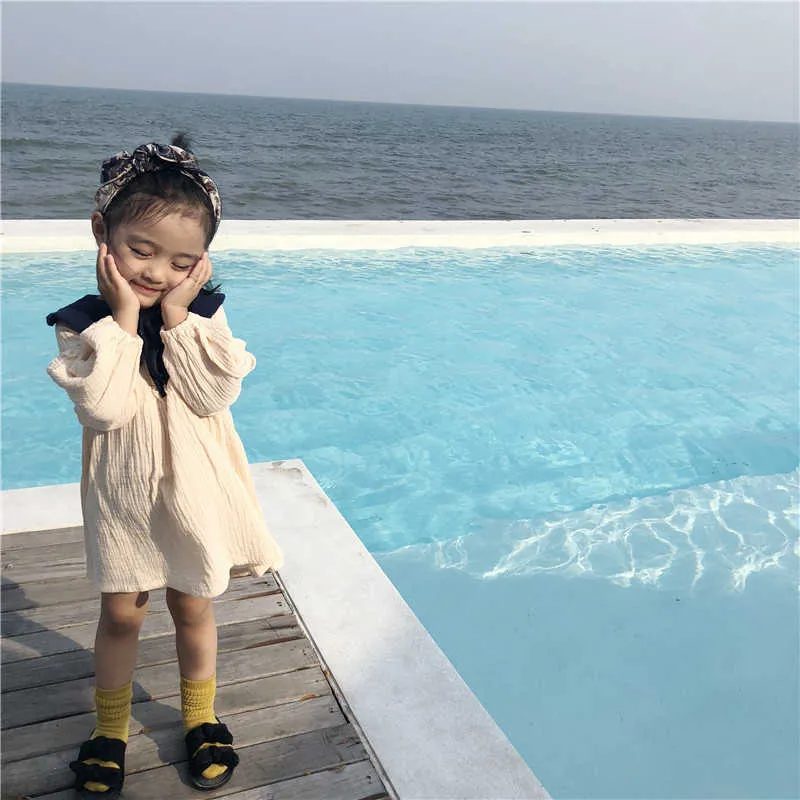 Printemps été style coréen pur fil de coton col de poupée robes à manches longues pour les filles mignonnes enfants robe de princesse all-match 210708