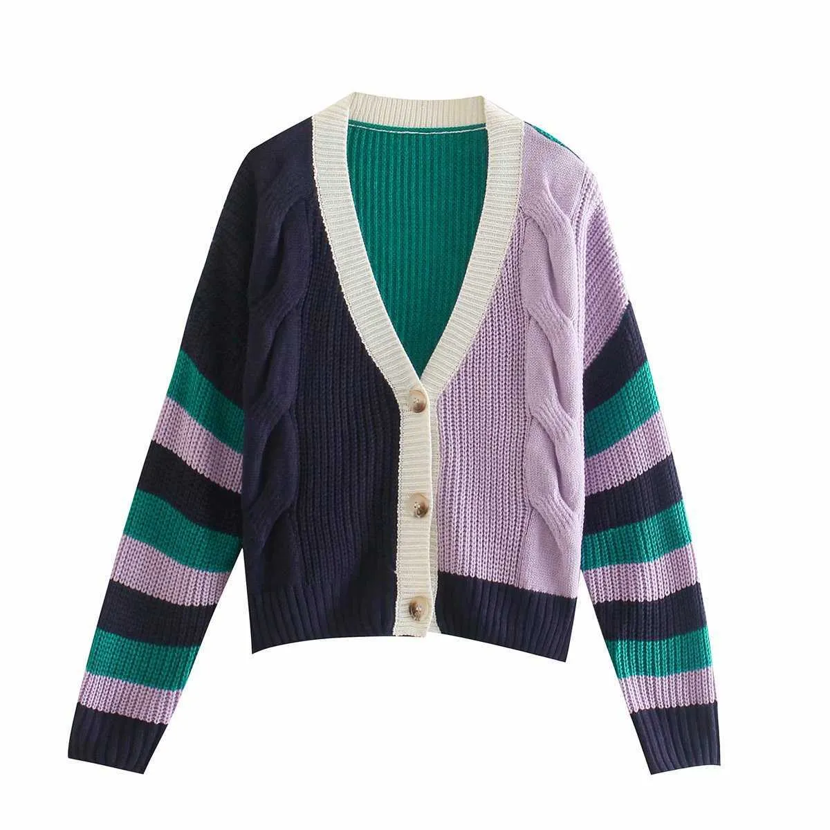 Fashion Women Knit Cardigan Striped Long sleeves V-neck Ribbed Short Knitted Sweater Casual Woman Summer Cropped tops 210709