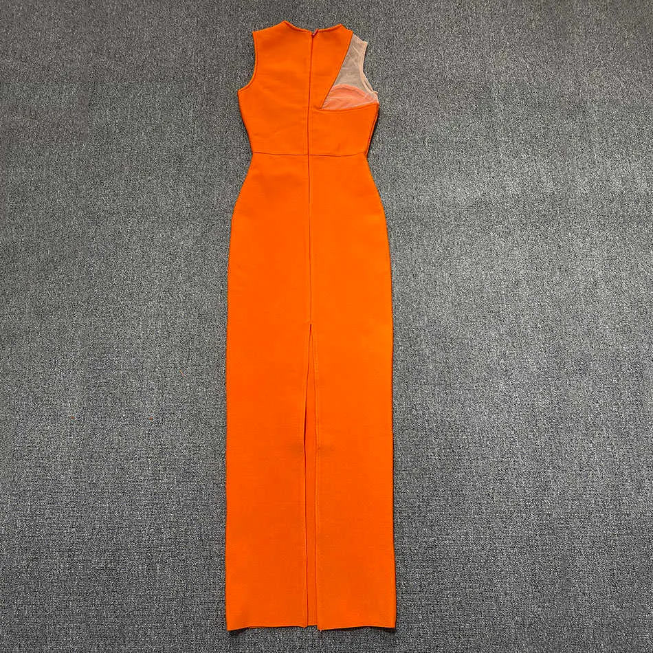 Sommer Mode Elegante Frau Verband Kleid Sexy Rundhals Ärmellose Strumpfhosen Orange Lange Promi Party 210525