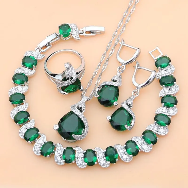 925 Ensemble de bijoux en argent Green CZ pour les boucles d'oreilles amant avec des décorations turques en pierre Drop1540332