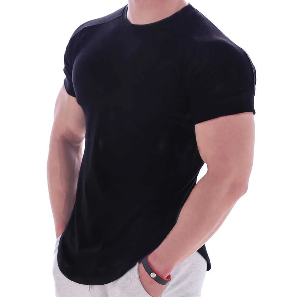 Noir Gym t-shirt Hommes Fitness Sport Coton T-Shirt Mâle Bodybuilding Workout Skinny Tee Été Casual Solide Tops Vêtements 210629