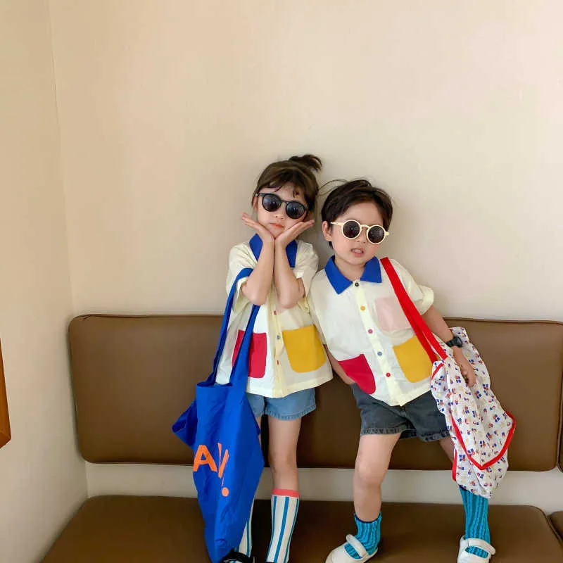 Koreanischer Stil Sommer 3 Farben Patchwork Tasche Kurzarmhemden Kinder Baumwolle Casual Tops 210713