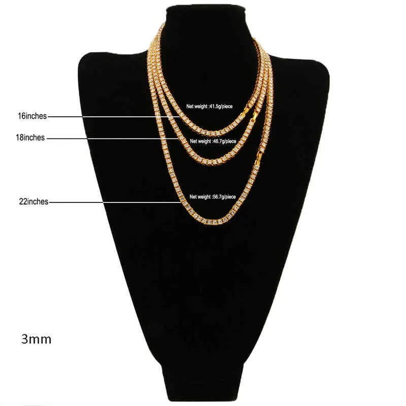 Hiphop 18k Gold Iced Out Diamant Kette Halskette CZ Tennis Halskette für Männer und Frauen2715