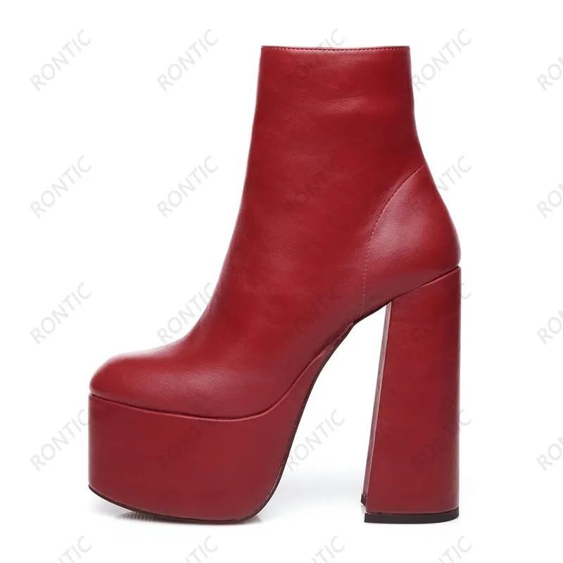 Rontic New Handmade Women Platform Ankle Boots Zipper Chunky Heels Round Toe Gorgeous Party Shoes Size 35-47