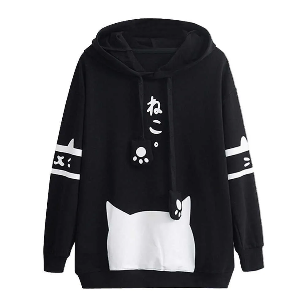 Женские повседневные толстовки с длинным рукавом Kitty Cat Print Pocket Thing Hoodie Fullshirts Blouse Top рубашка Harajuku пальто Dropshipping Y0820