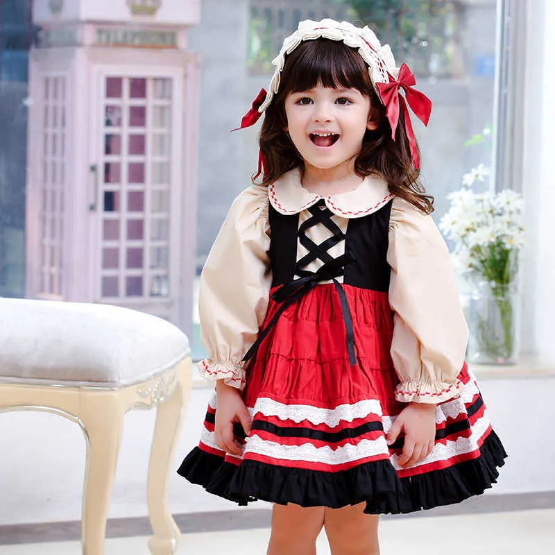 Hiszpańskie sukienki dziecięce małe dziewczynki z długim rękawem vintage lolita księżniczka suknia dziewczyna rok urodziny vestidos niemowlę hiszpania ubrania 210615