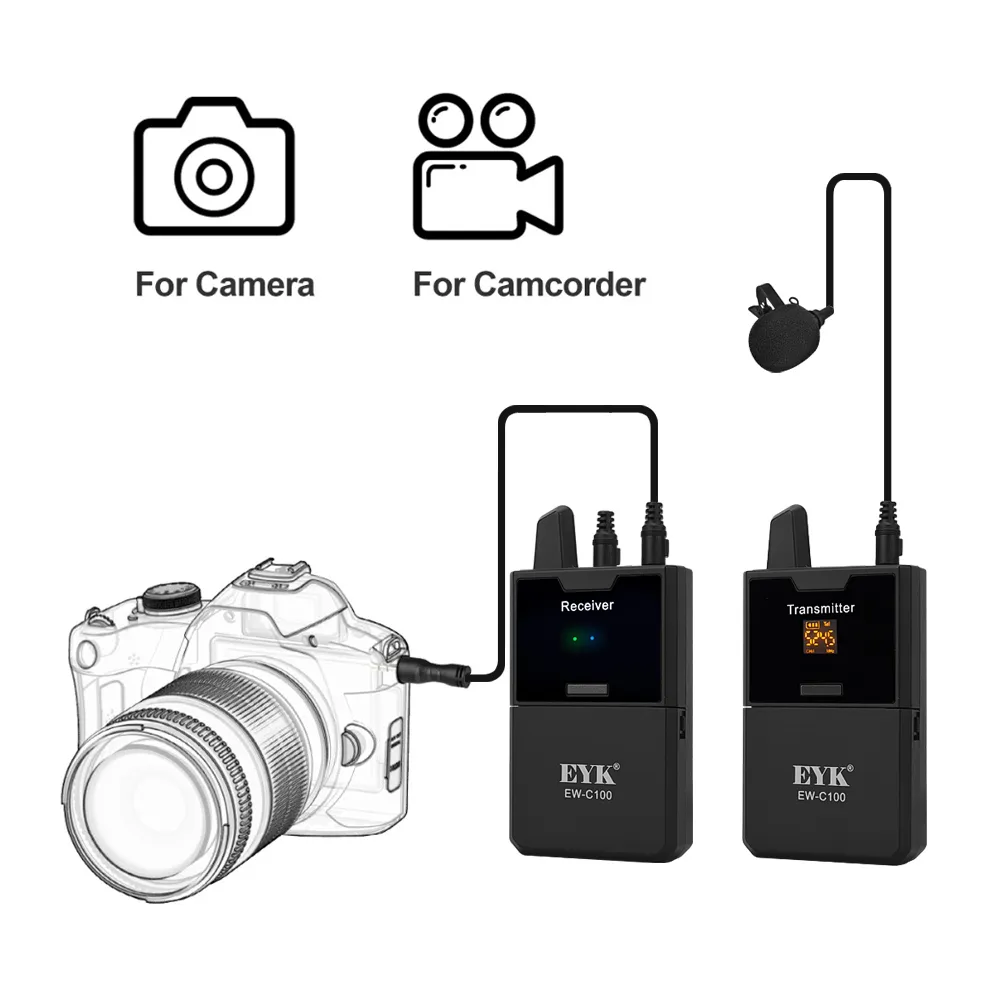EYK EW-C100 Kamera-Lavaliermikrofon mit Monitorfunktion, kabelloses UHF-Ansteckmikrofon, Smartphones, DSLR-Kameras