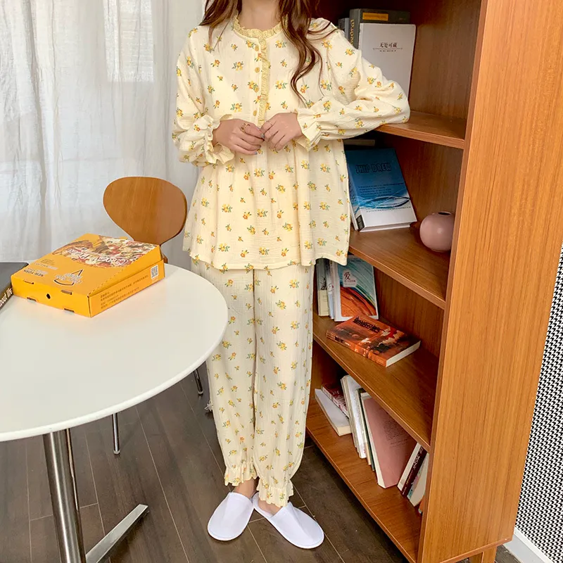 Söta ruffles tjejer tryckta floraler färg-hit koreanska mode plus sleepwear varm söta hem kläder pyjamas set 210525