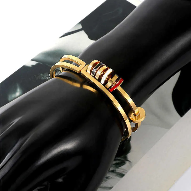 Summer Removable Round Circles Bangle Cuff Bracelets for Women Gold Color Stainless Steel Black White Red Enamel Bangles Jewelry Q0717