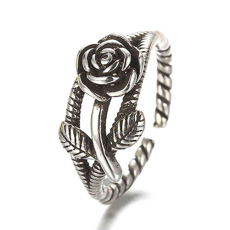 Rose Flower Towine Line Koreański Pierścień Otwarcie Zakłopotany Vintage Srebrny Pierścień Panie Dzikie Temperament Biżuteria Kochanka Prezent G1125