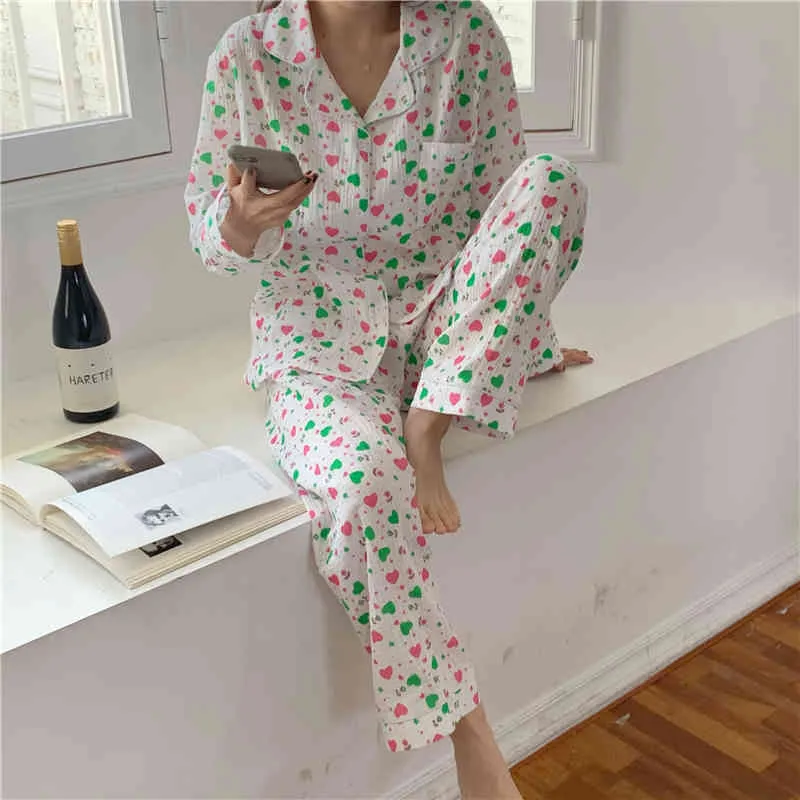 Chique tweedelige pak pyjama sets gedrukt harten schattige losse casual allemaal match zoete homewear katoenen nachtkleding 210525